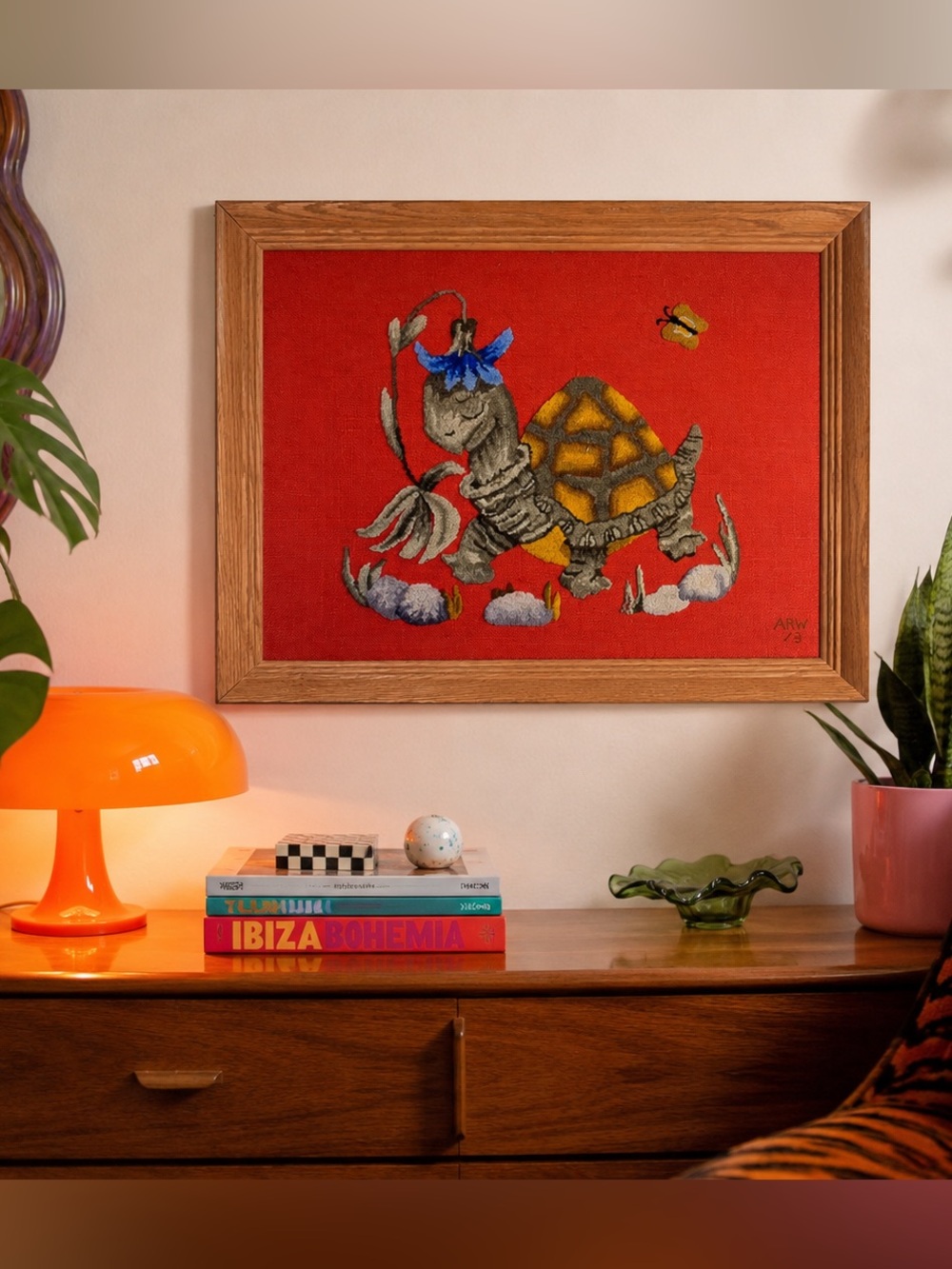 Vintage 1979 Handcrafted Punch Needle Turtle Wall Art Solid Wood Frame